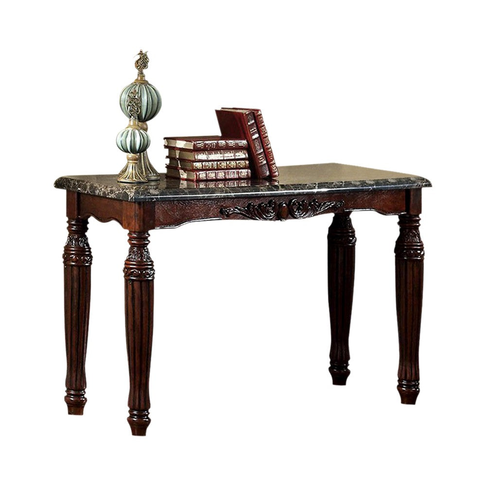 Brampton Traditional Style Sofa Table with dark wood finish, marble top and carved legs