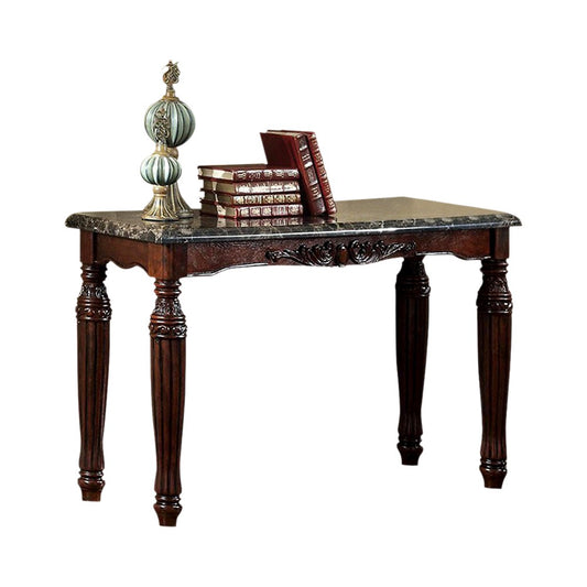 Brampton Traditional Style Sofa Table with dark wood finish, marble top and carved legs