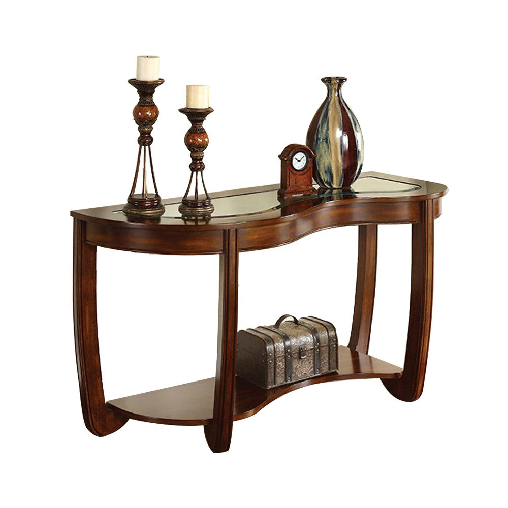 Crystal Falls transitional style sofa table with curved dark brown wood legs and glass top