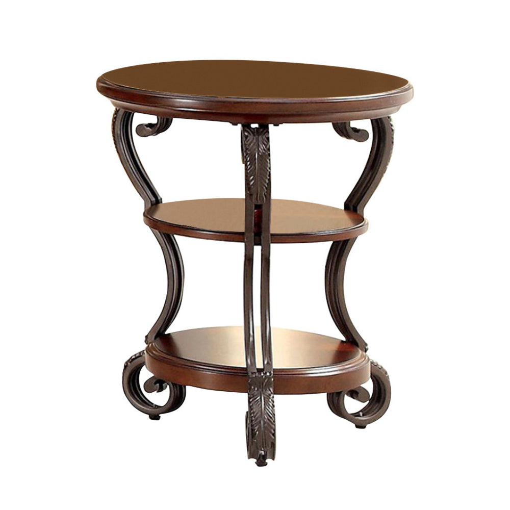 May Transitional Style Side Table, three-tier wooden shelves with ornate bronze metal frame by Benzara