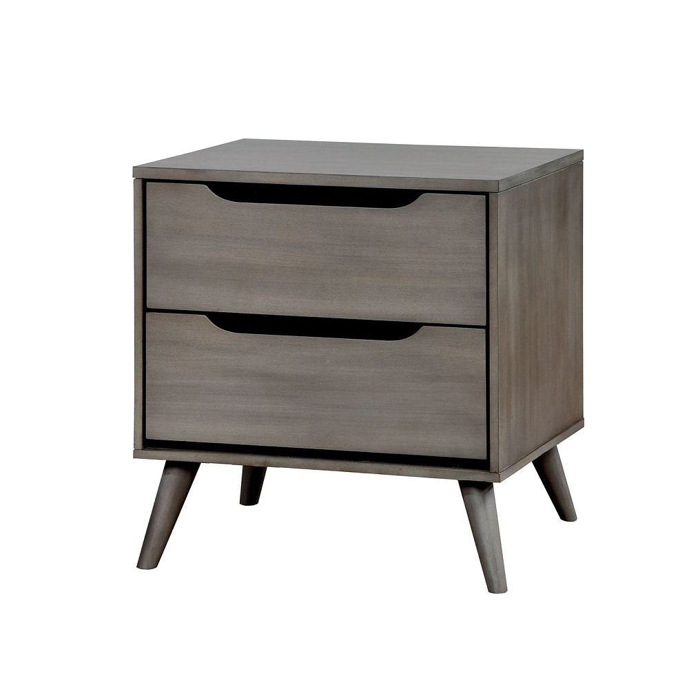 2-drawer gray wooden nightstand with cut-out pulls and angled legs