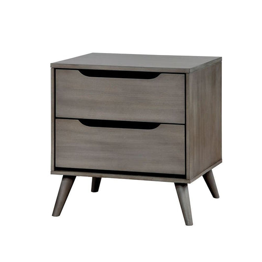 2-drawer gray wooden nightstand with cut-out pulls and angled legs