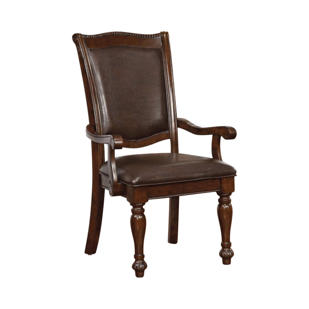 Alpena traditional armchair, cherry brown leather upholstery with carved wood legs