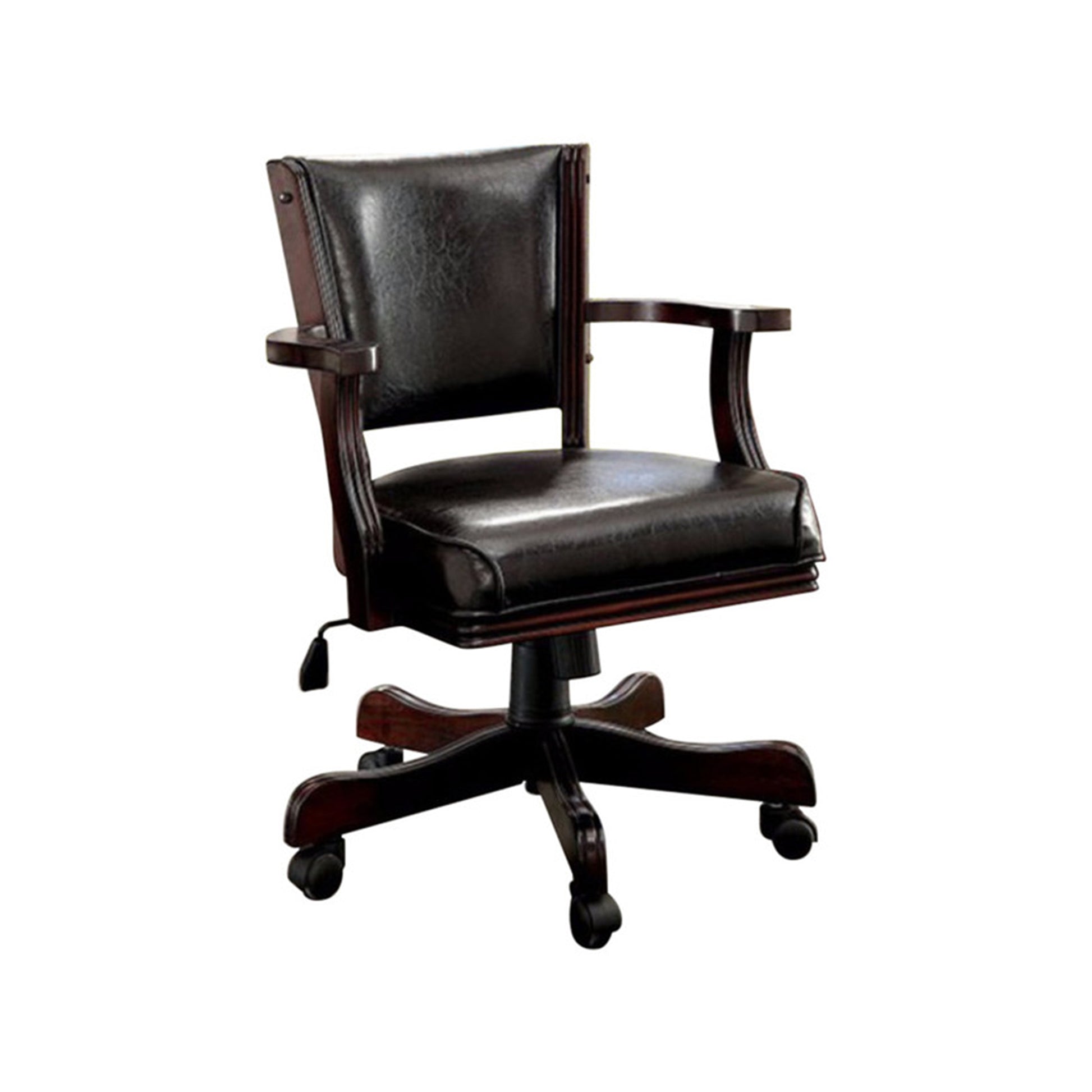 Leatherette swivel arm chair in brown with adjustable height and wooden arms