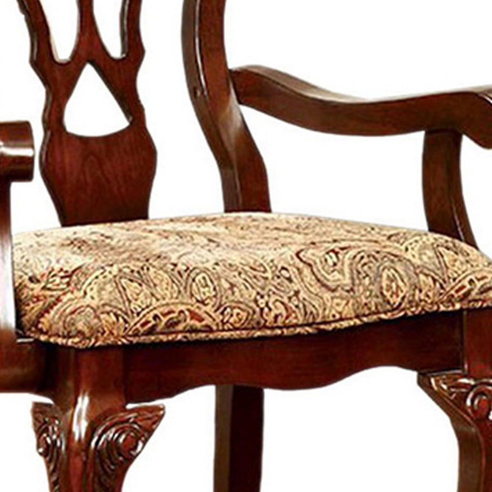 BM131208 Elana Traditional Arm Chair With Fabric, Brown Cherry Finish, Set Of 2