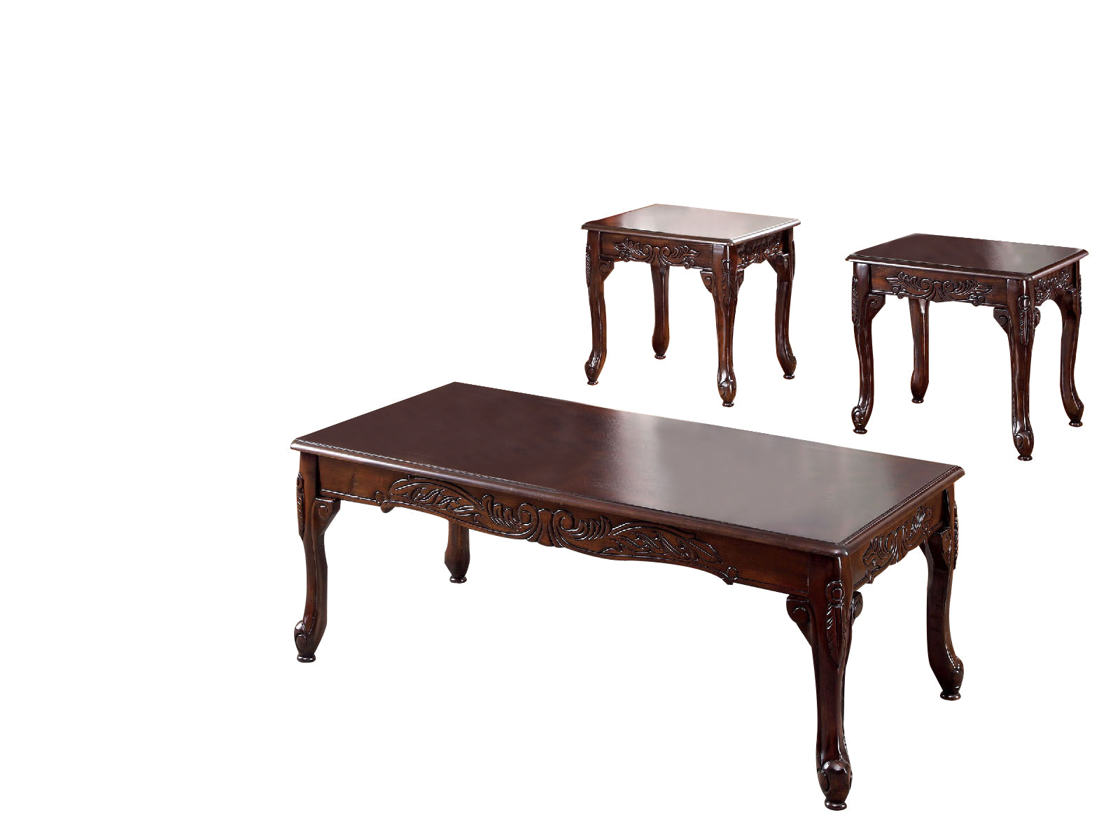 3-piece Benzara cherry brown wooden coffee and end tables set with carved legs