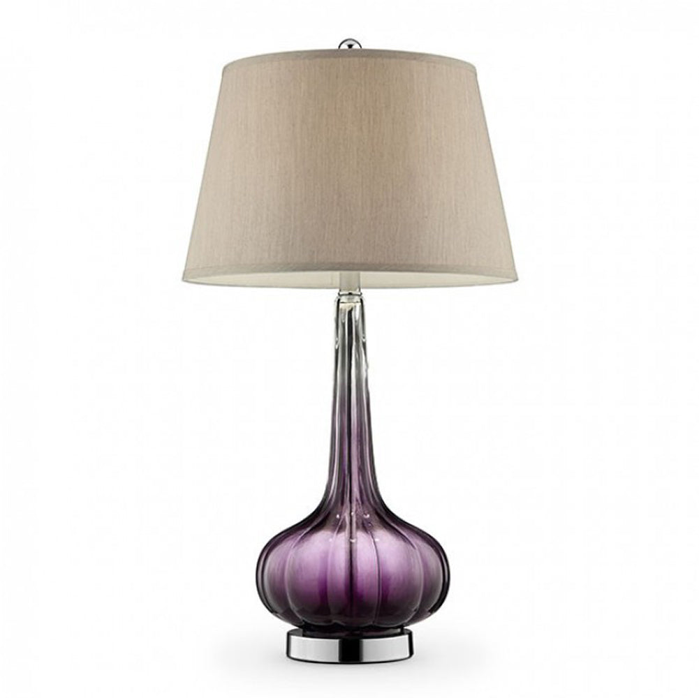 FAY Contemporary Berry Glass Table Lamp, Purple with purple glass base and beige fabric shade