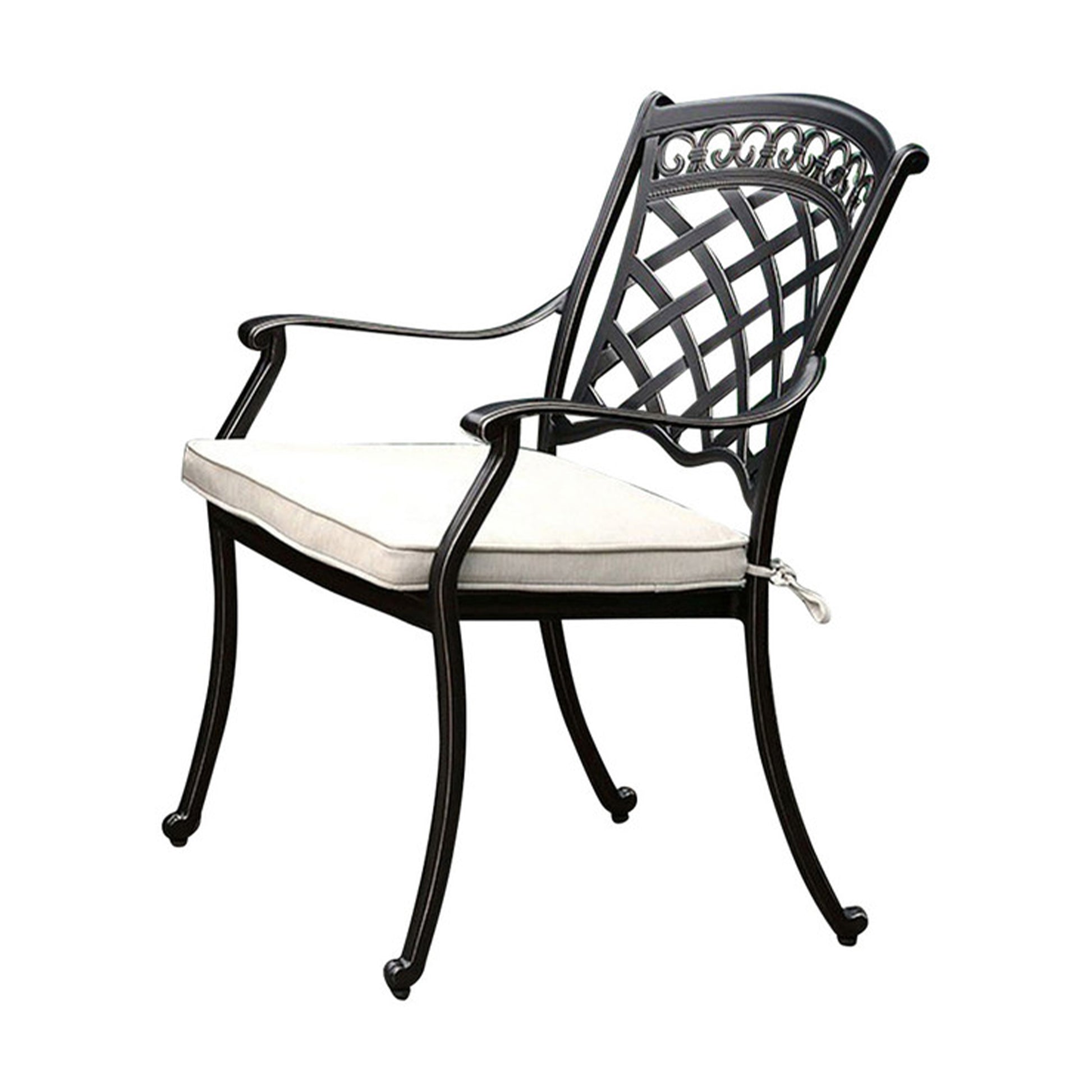 Charissa transitional arm chair, antique black metal frame with lattice back and white cushion