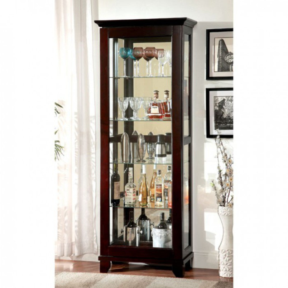 Curio cabinet in cappuccino finish with glass-front doors and glass shelves, displaying bottles and glassware.