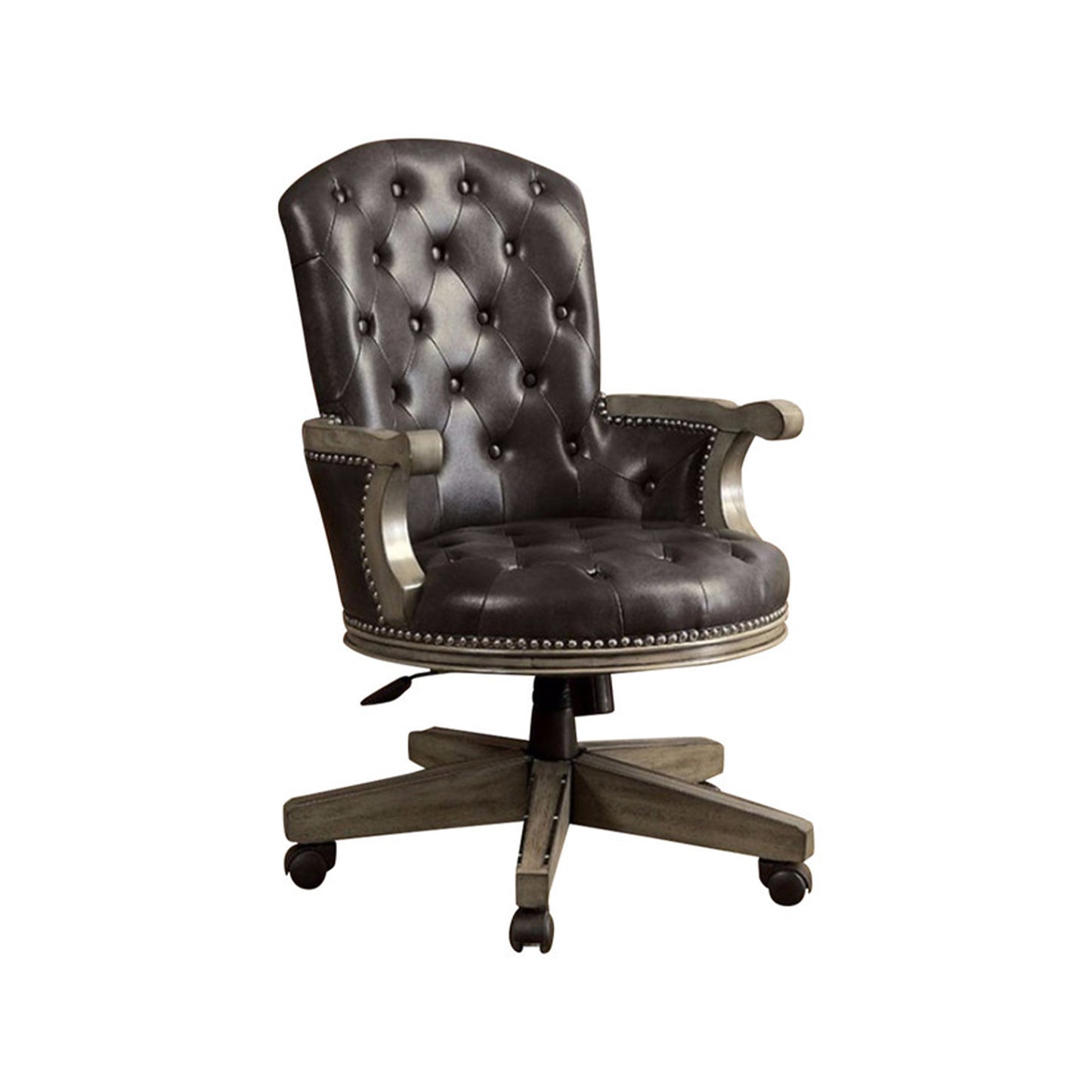 Yelena height-adjustable arm chair, gray and black tufted leather with nailhead trim and wheeled base