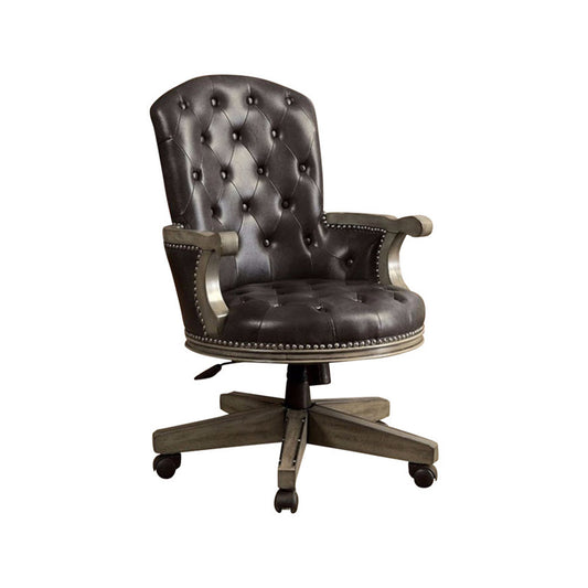 Yelena height-adjustable arm chair, gray and black tufted leather with nailhead trim and wheeled base