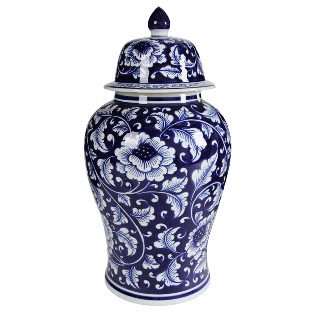 Kipp Bold Floral Impressive Jar with Lid by Benzara, blue-and-white porcelain with intricate floral pattern