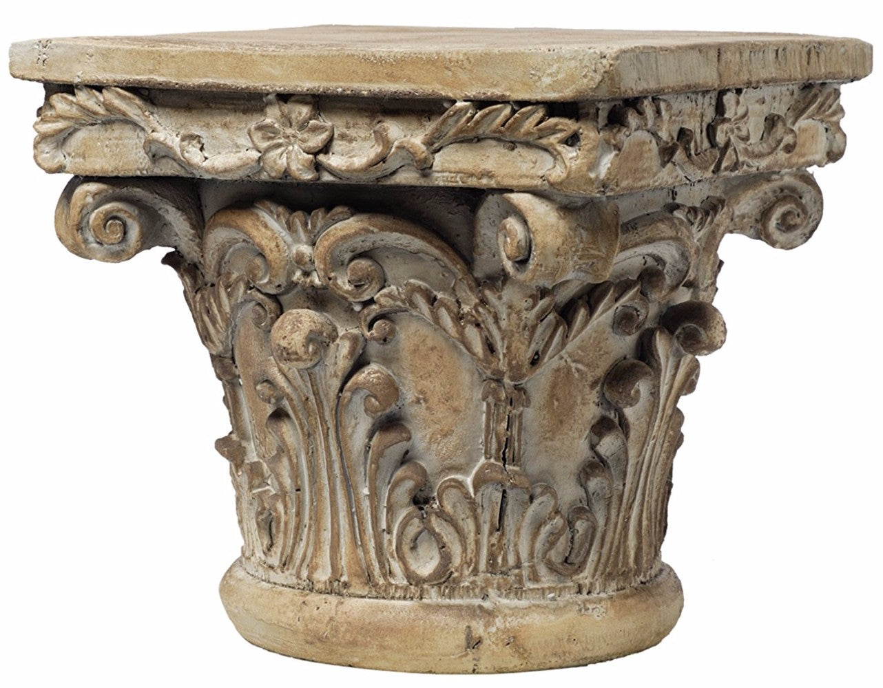 Accent pedestal table, 10-inch top, weathered brown resin, ornate carved base, Benzara