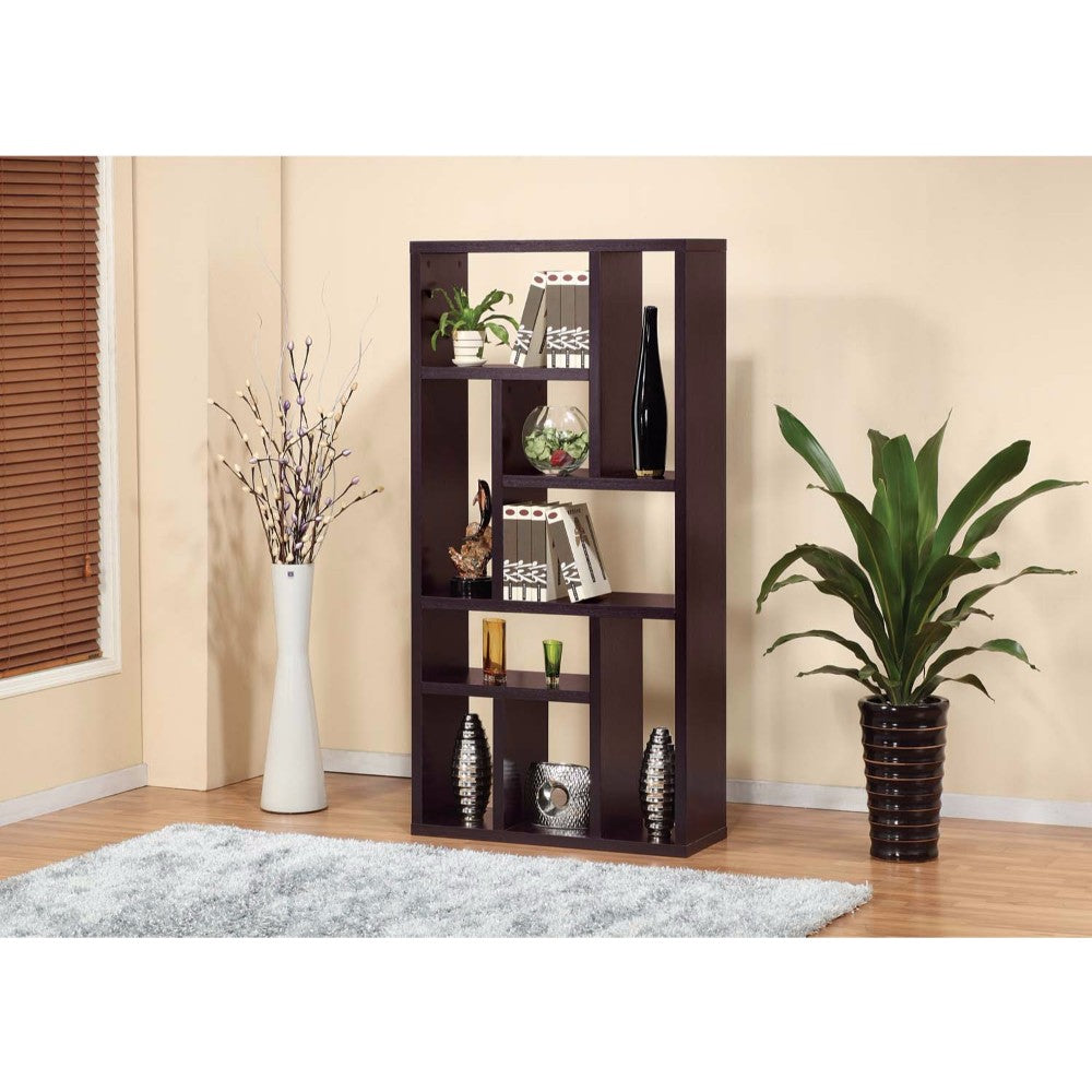 Elegant display cabinet TV stand with 9 open shelves in dark brown wood