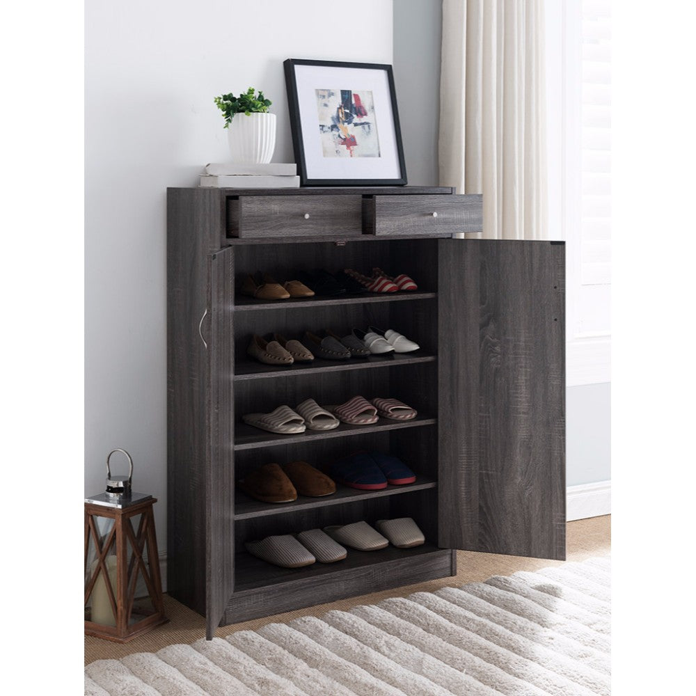 Gray wood shoe cabinet with two top drawers and open-door storage for shoes