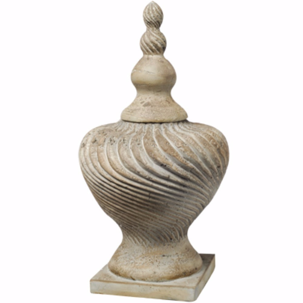 Classic ceramic vase with lid, cream beige finish and textured swirl pattern on square pedestal base