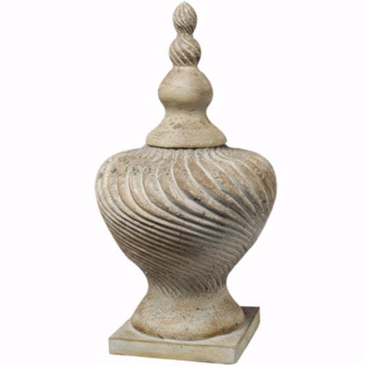 Classic ceramic vase with lid, cream beige finish and textured swirl pattern on square pedestal base