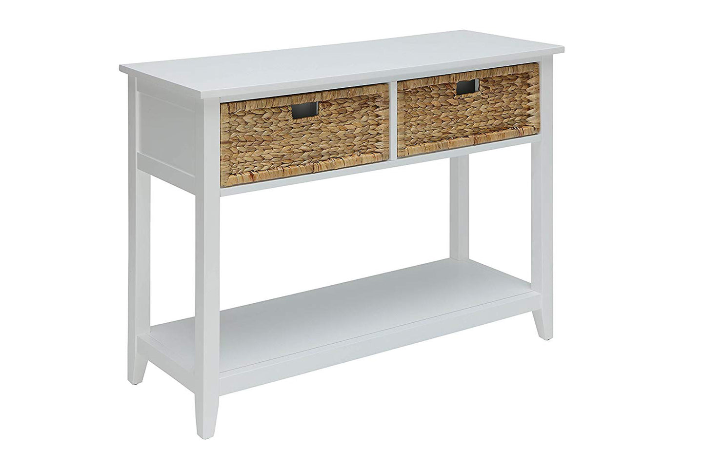 Flavius console table in white with two woven-basket drawers and an open lower shelf