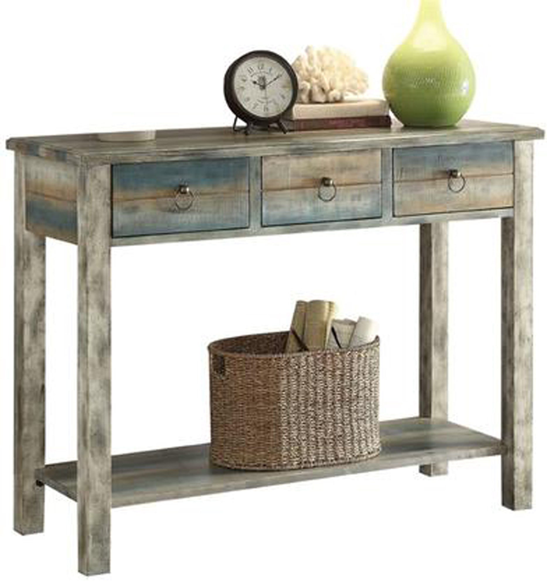 Glancio console table in antique oak with teal-blue drawer fronts, three drawers