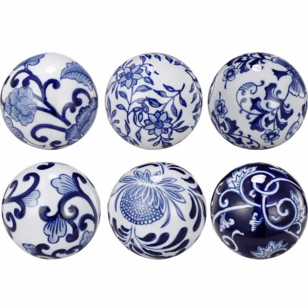 Ceramic decorative orbs, set of 6, blue-and-white with floral patterns