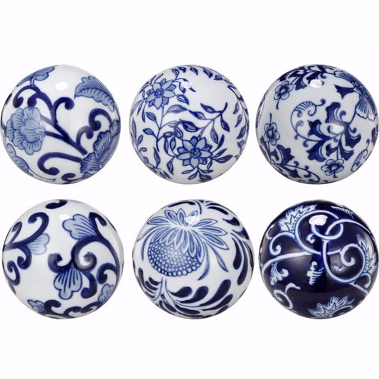 Ceramic decorative orbs, set of 6, blue-and-white with floral patterns