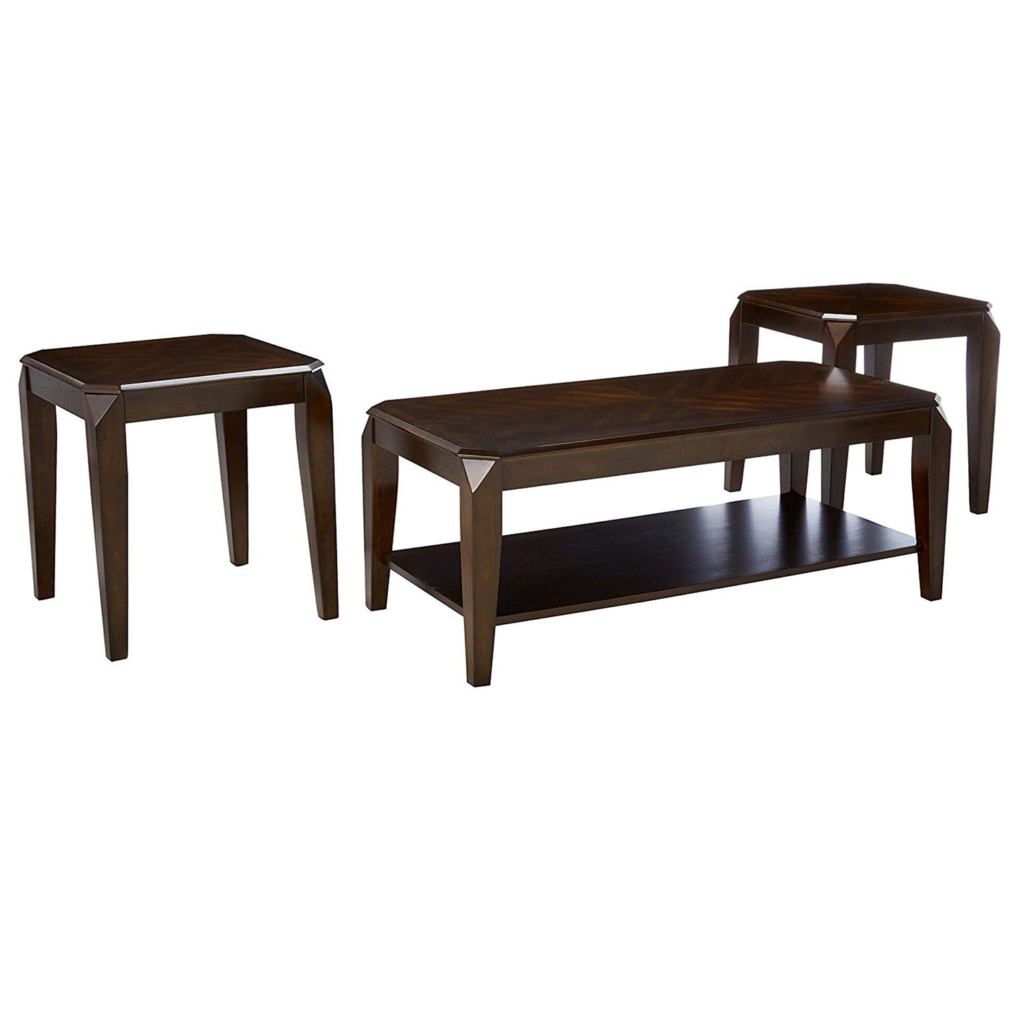 Docila 3pc Walnut coffee and end table set with lower shelf and varied heights