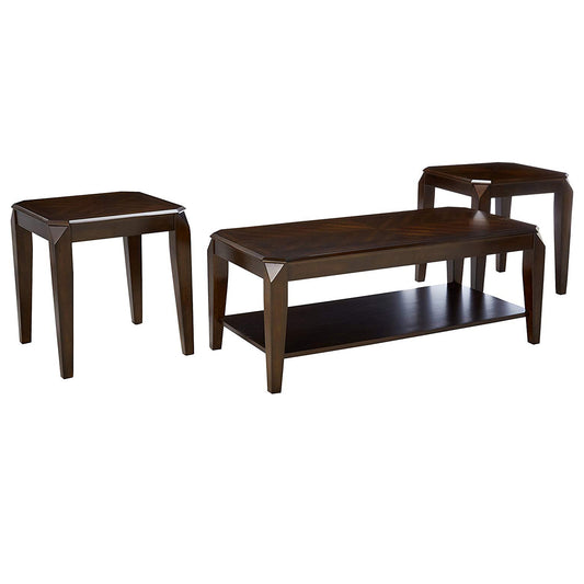 Docila 3pc Walnut coffee and end table set with lower shelf and varied heights
