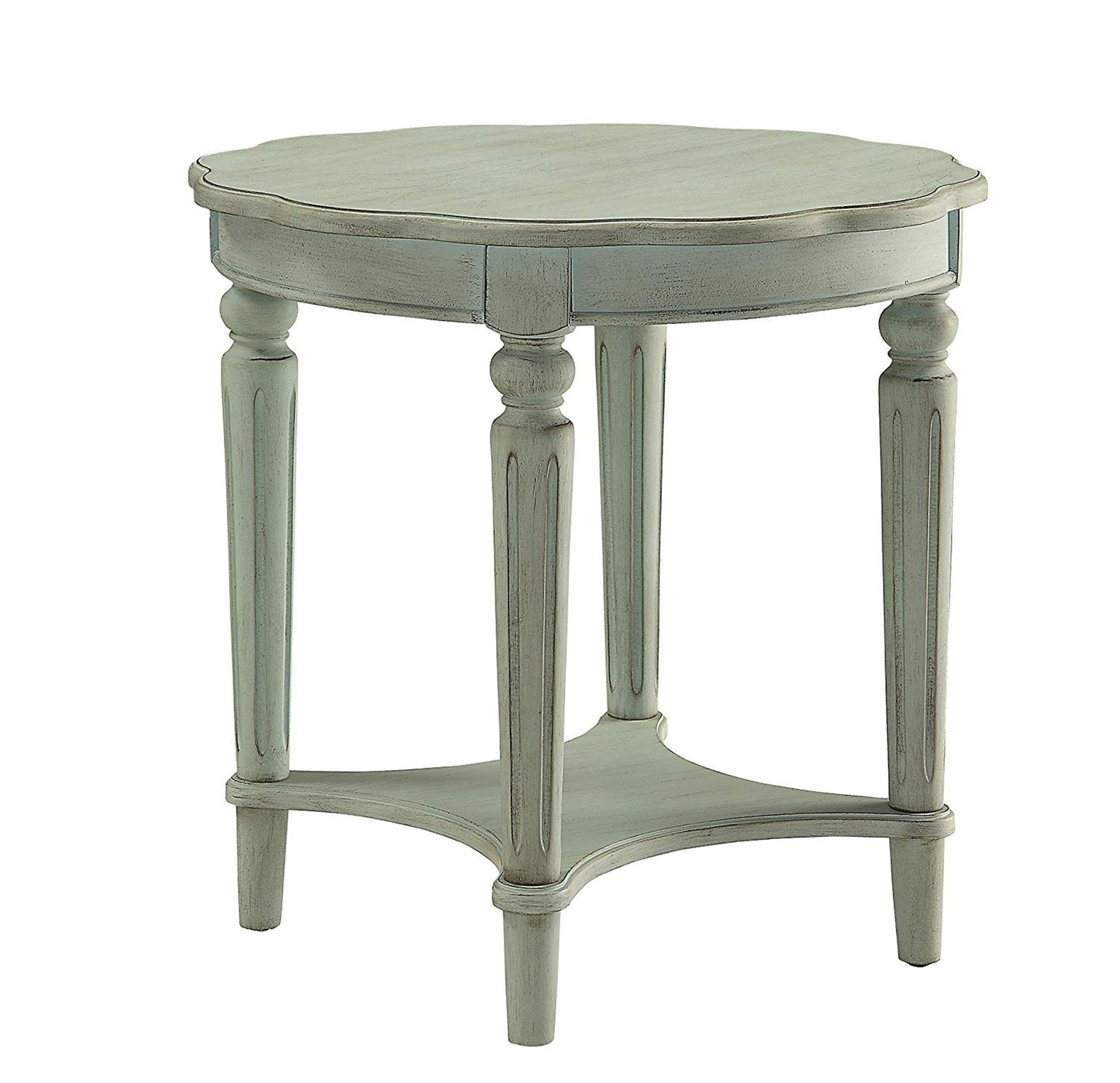 Fordon wooden end table with scalloped round top in a French antique white distressed finish.