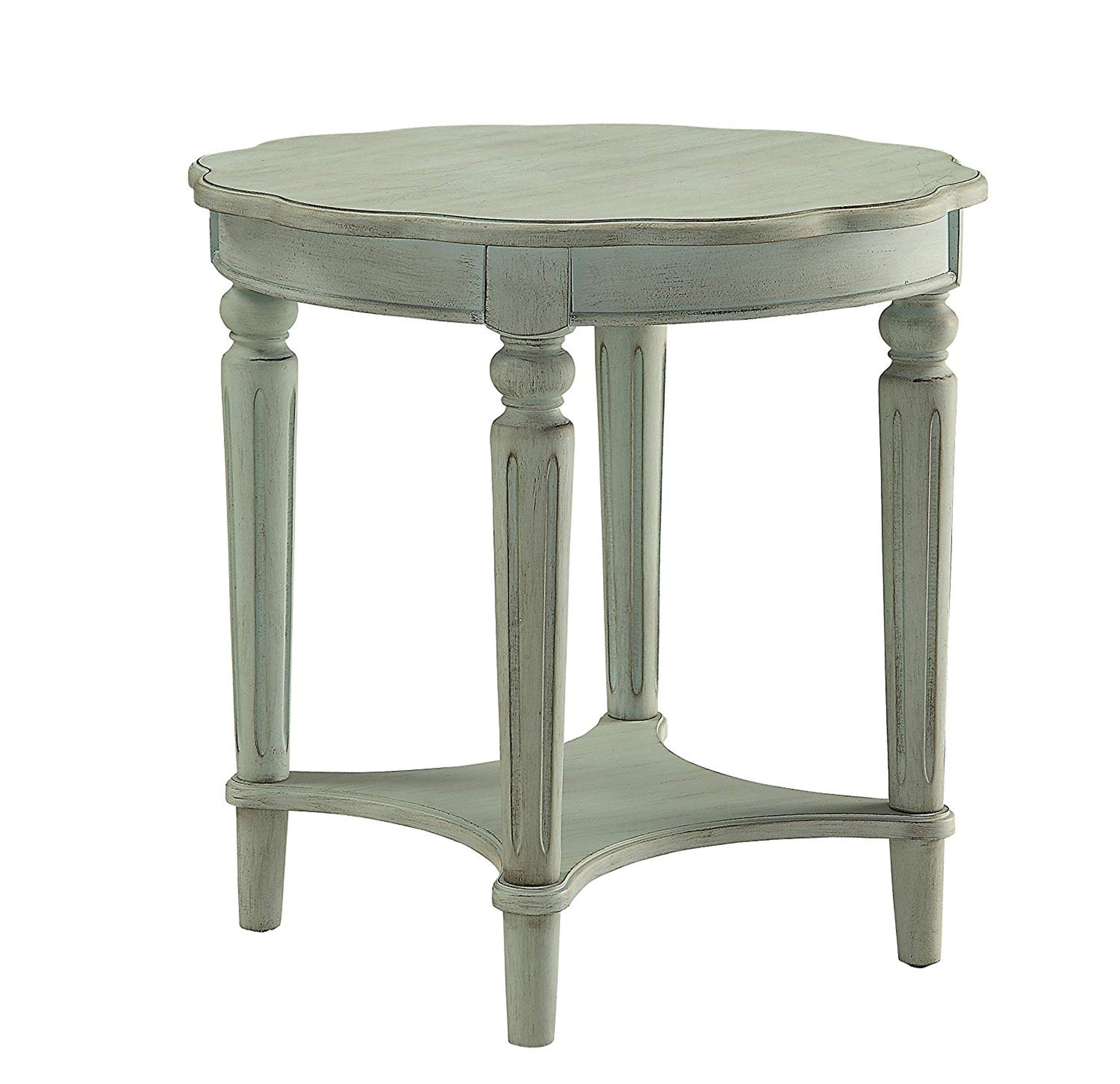 Fordon wooden end table with scalloped round top in a French antique white distressed finish.