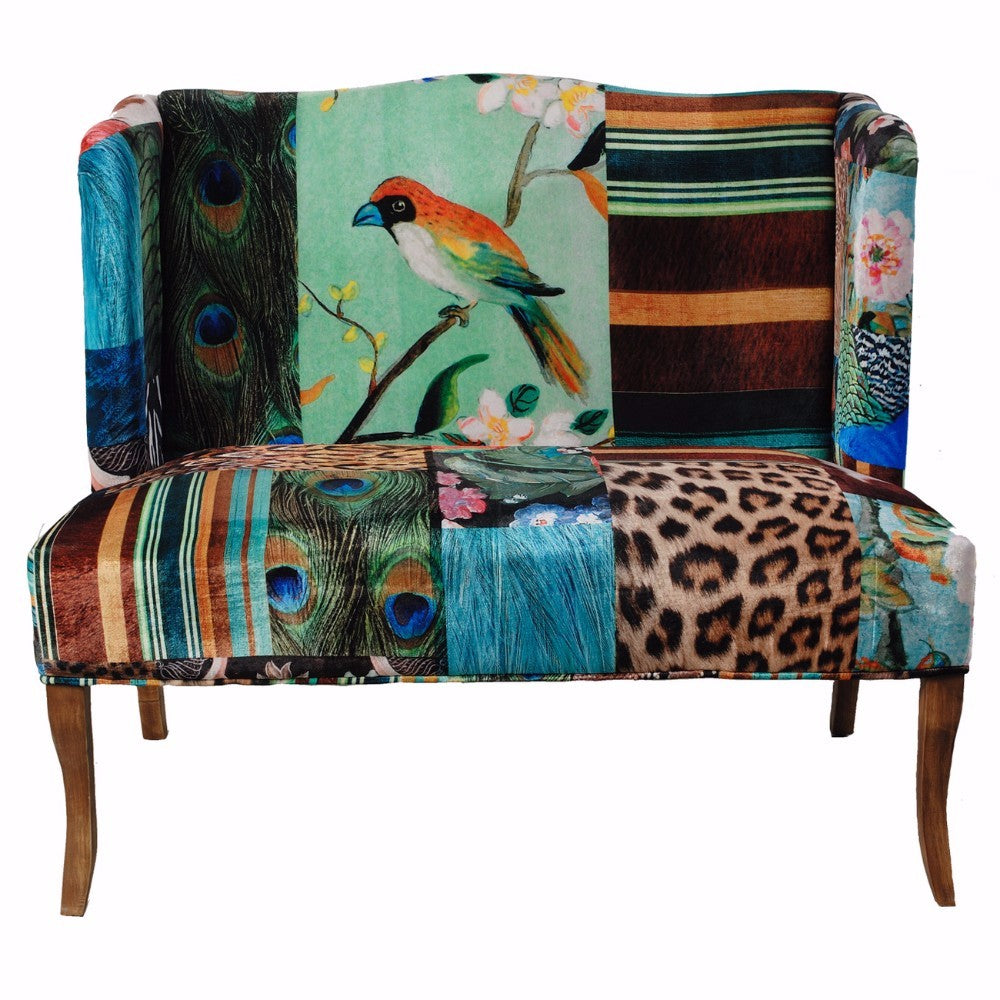 Vesta Bird Collage Print Settee, Multicolor — Chic Home-Decor