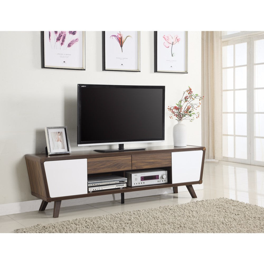 TV stand, two-tone white and brown, mid-century modern with open shelf and cabinet doors