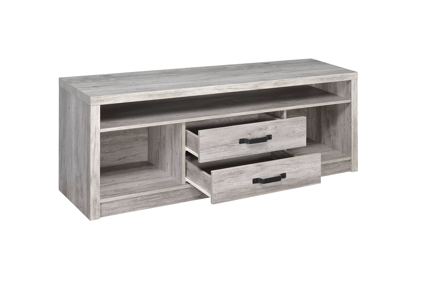 TV console in gray driftwood by Benzara with open shelves and two drawers