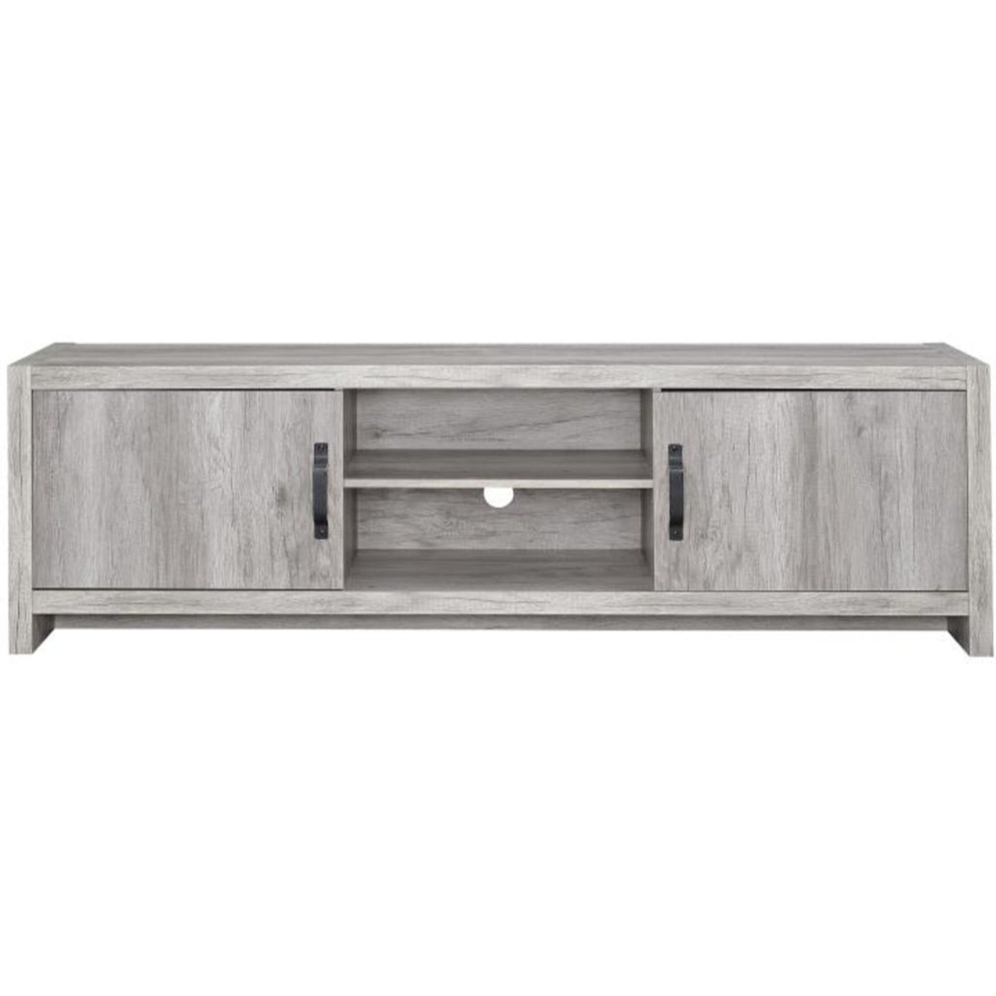 TV console in gray driftwood finish with open central shelf and side cabinets