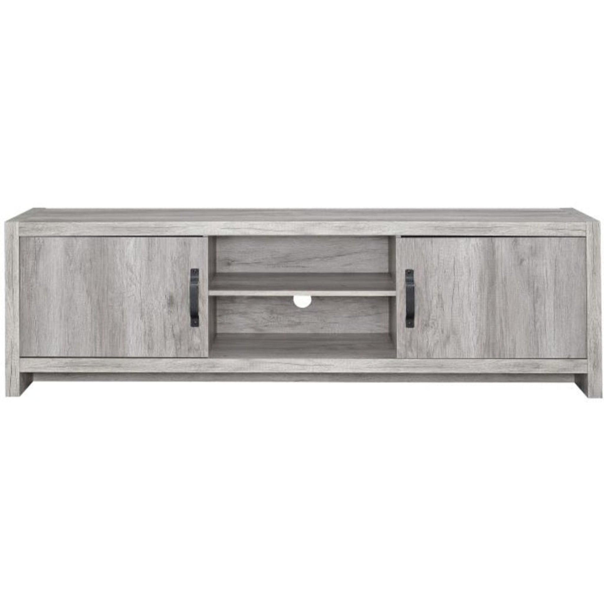 TV console in gray driftwood finish with open central shelf and side cabinets
