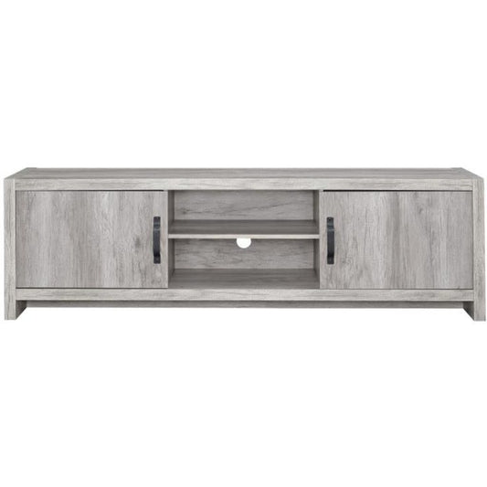 TV console in gray driftwood finish with open central shelf and side cabinets