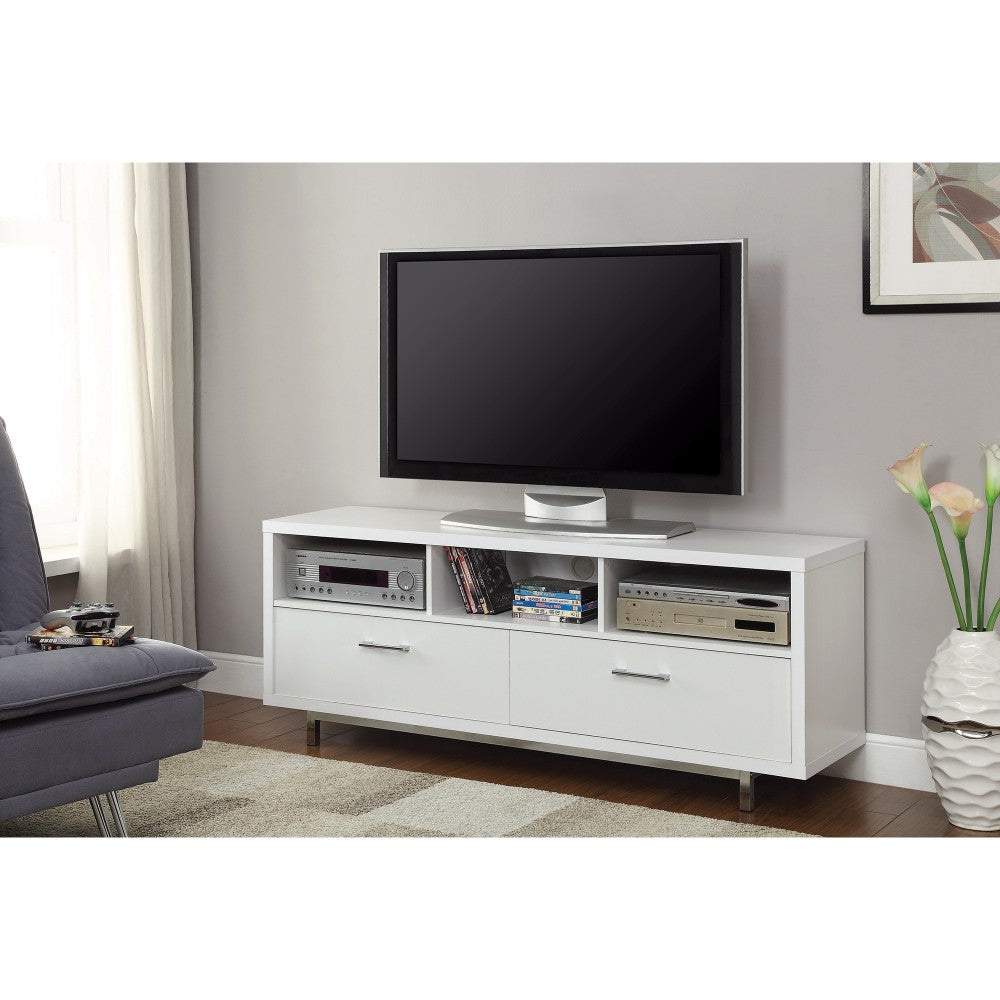 Benzara white TV console with chrome legs featuring open storage and drawers