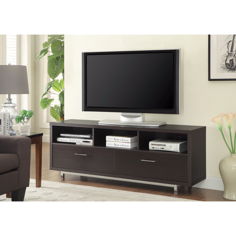 TV console in brown with chrome legs, featuring open cubbies and two drawers under a flat-screen TV.