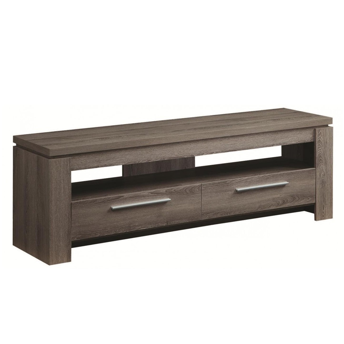 Weathered gray TV console in wood finish with open shelf and two drawers.