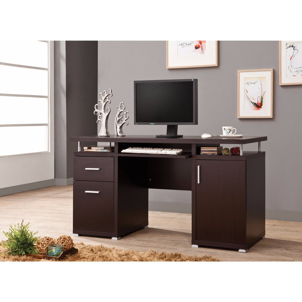 Luxurious computer desk with 2 drawers and a cabinet in dark brown wood finish