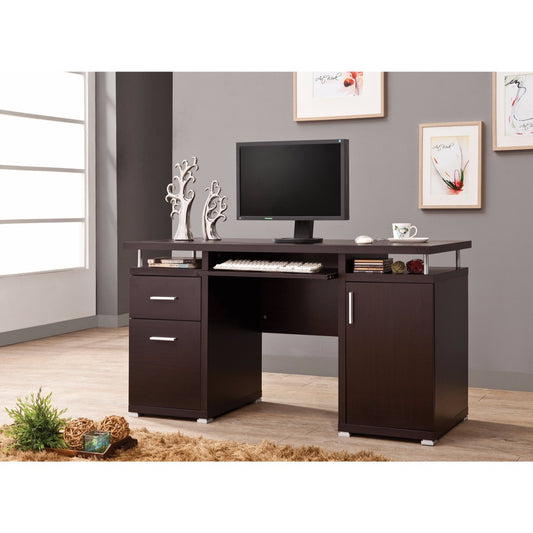 Luxurious computer desk with 2 drawers and a cabinet in dark brown wood finish