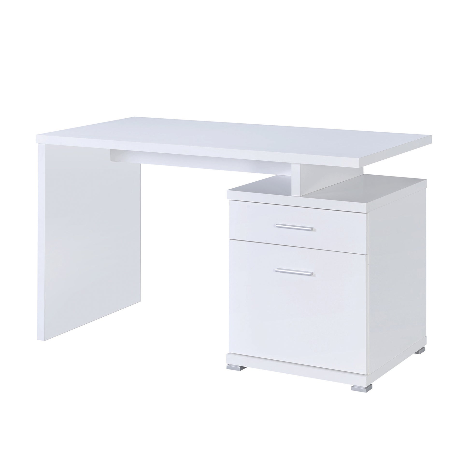 Desk: white Benzara wooden unit with built-in cabinet and drawers, minimalist straight lines