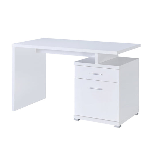 Desk: white Benzara wooden unit with built-in cabinet and drawers, minimalist straight lines
