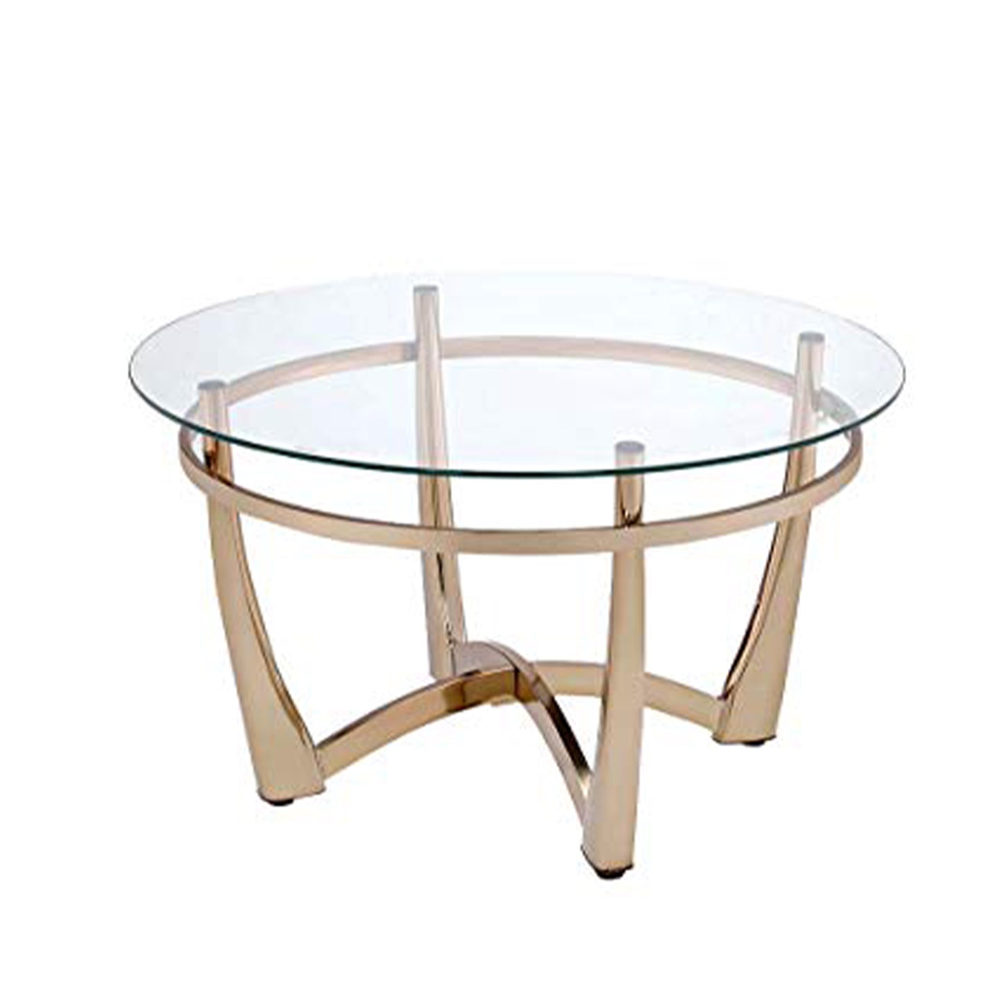 Round glass coffee table with a gold-tone metal frame