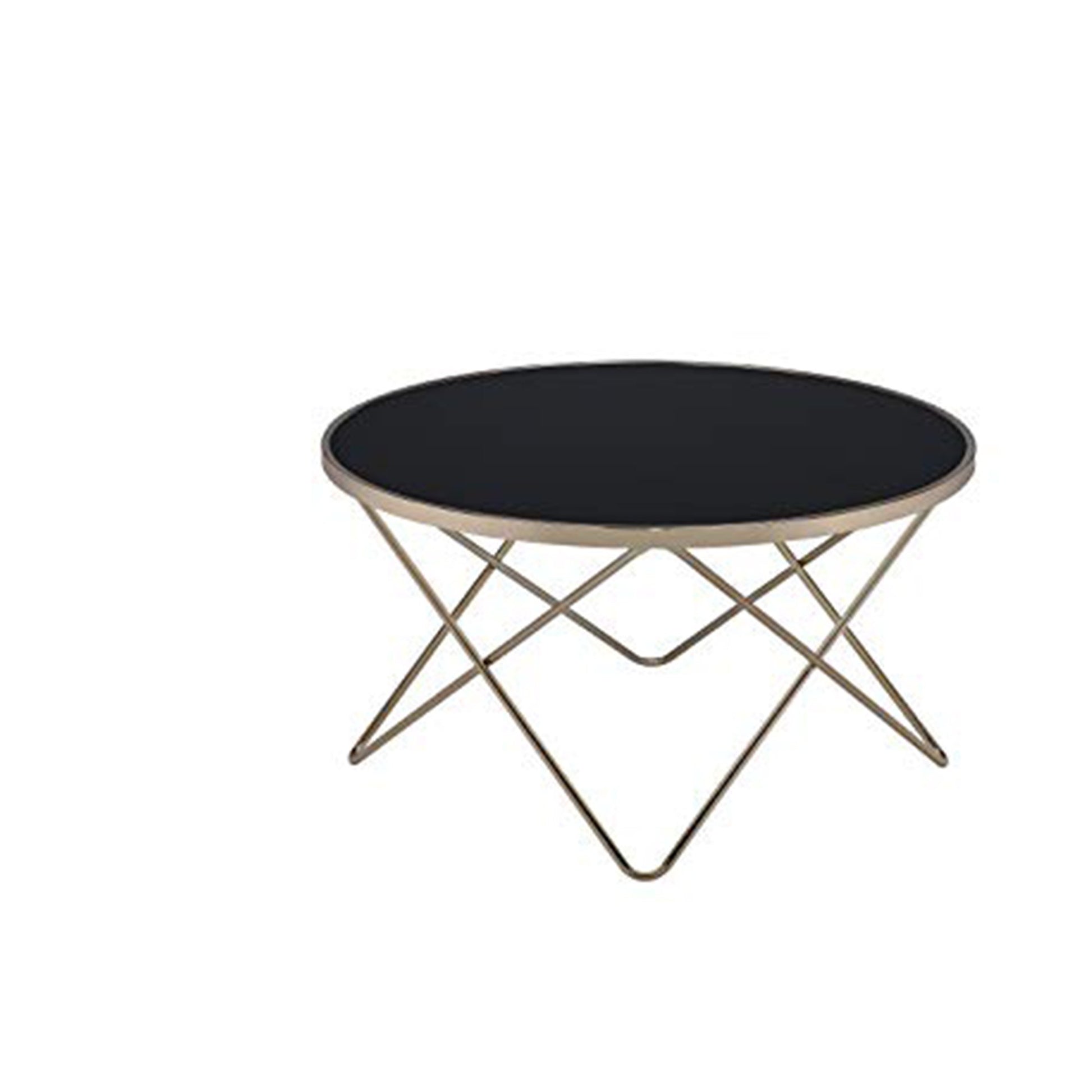 Alluring coffee table with black glass top and gold-toned metal base, Benzara