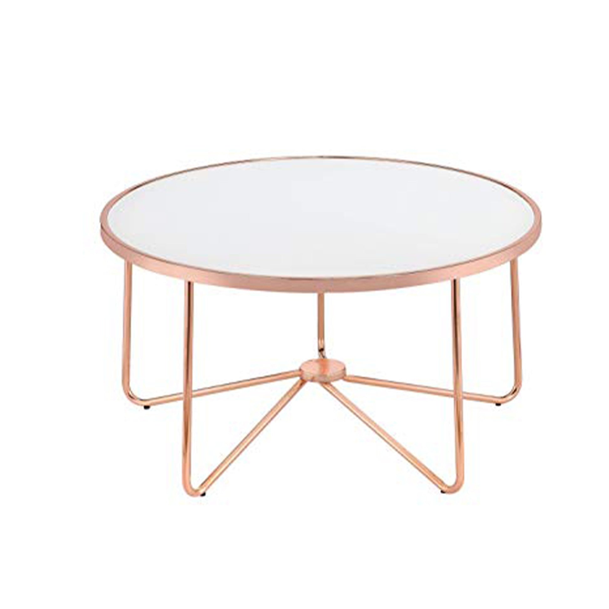 Benzara Striking round coffee table with frosted glass top and rose-gold metal frame