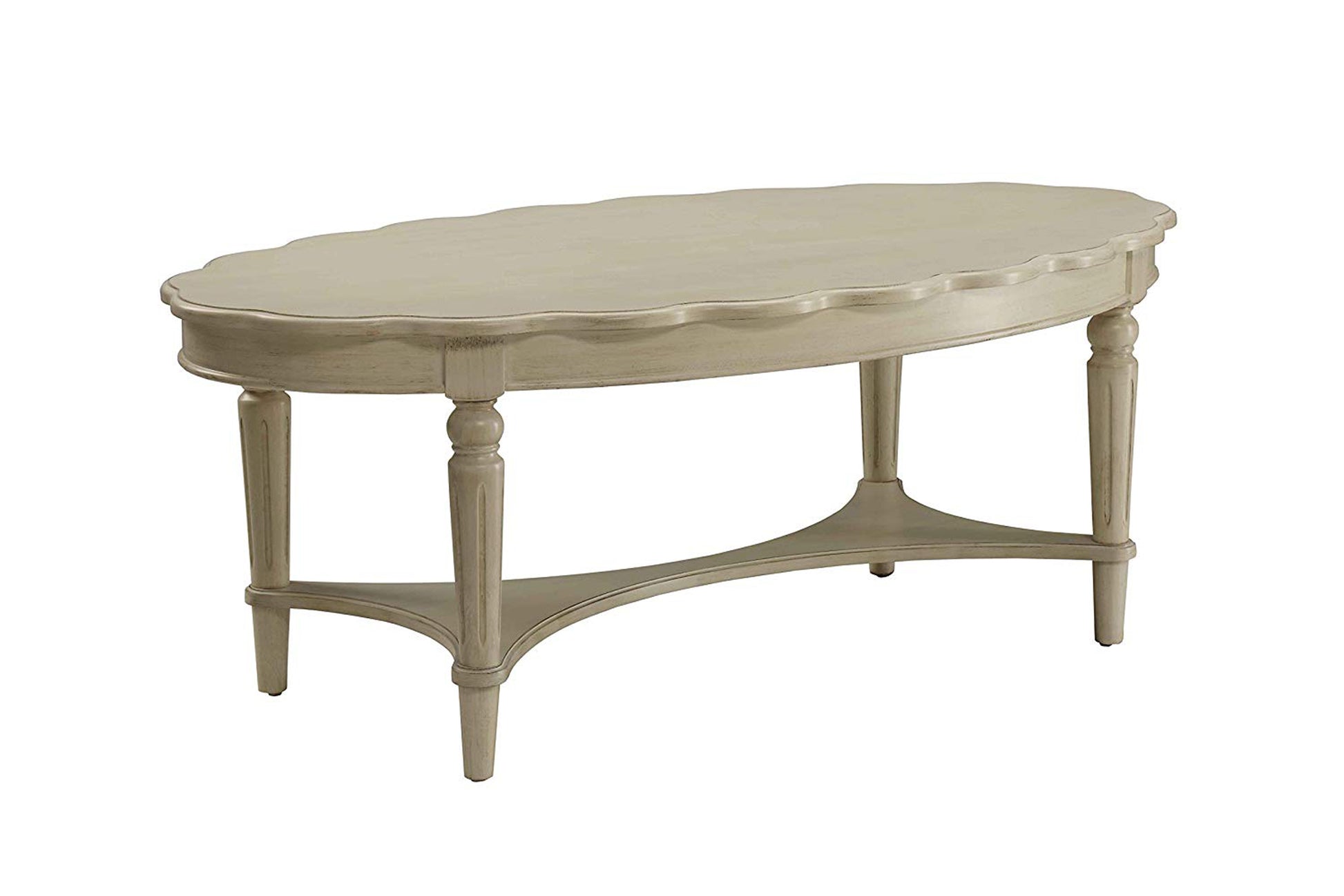 Conventional coffee table, antique white, Benzara; scalloped-edge top with two-tier design and turned legs