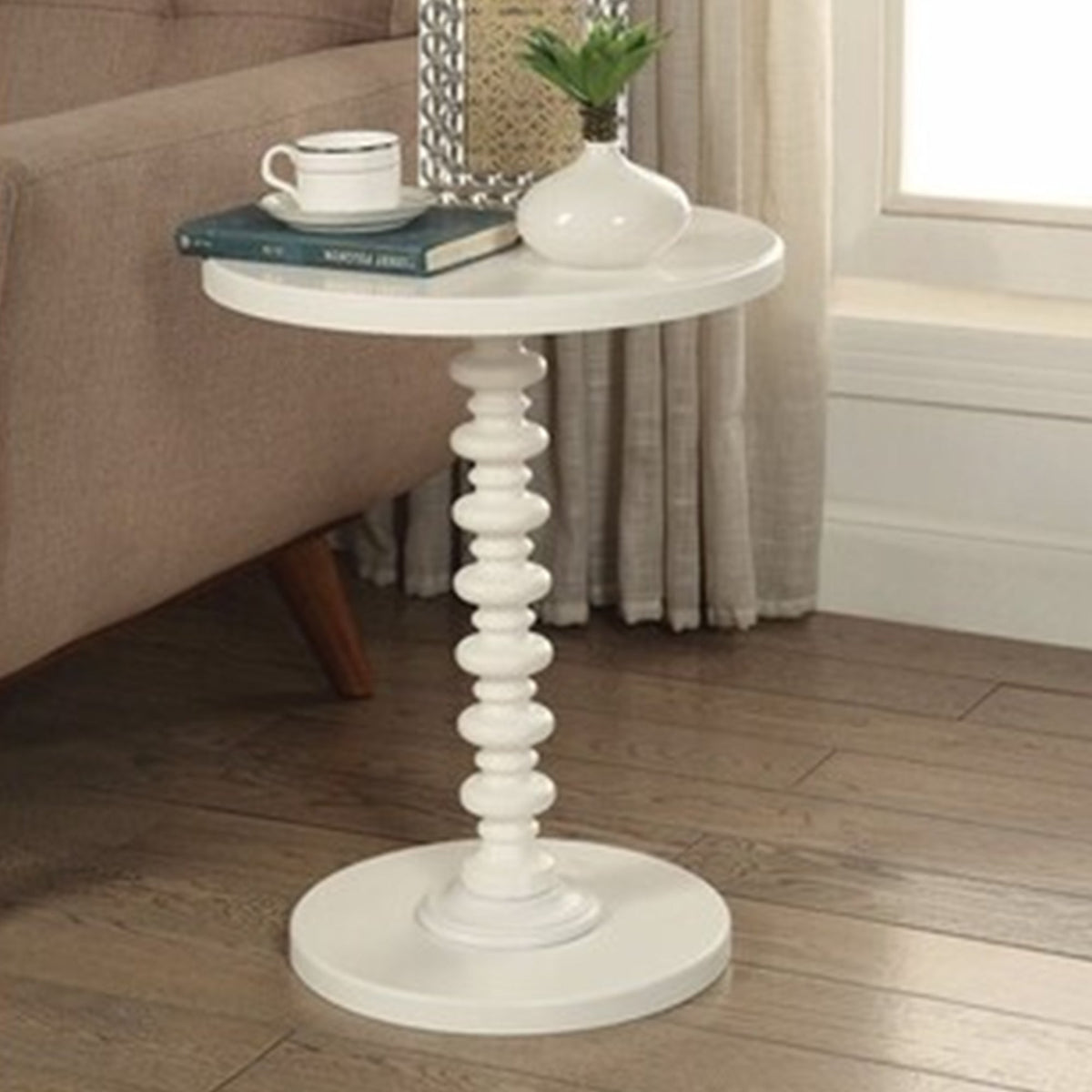 22 Inch Round Wooden Side Table with Turned Base, White