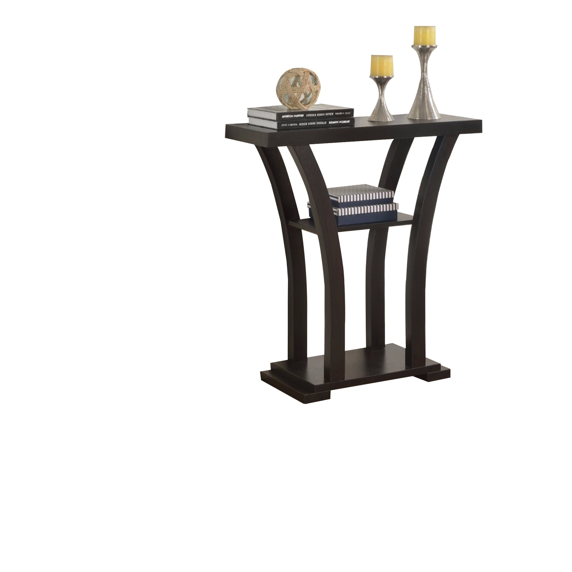 Wooden console table in dark espresso finish with 1 shelf and angled legs, shown with books and candles