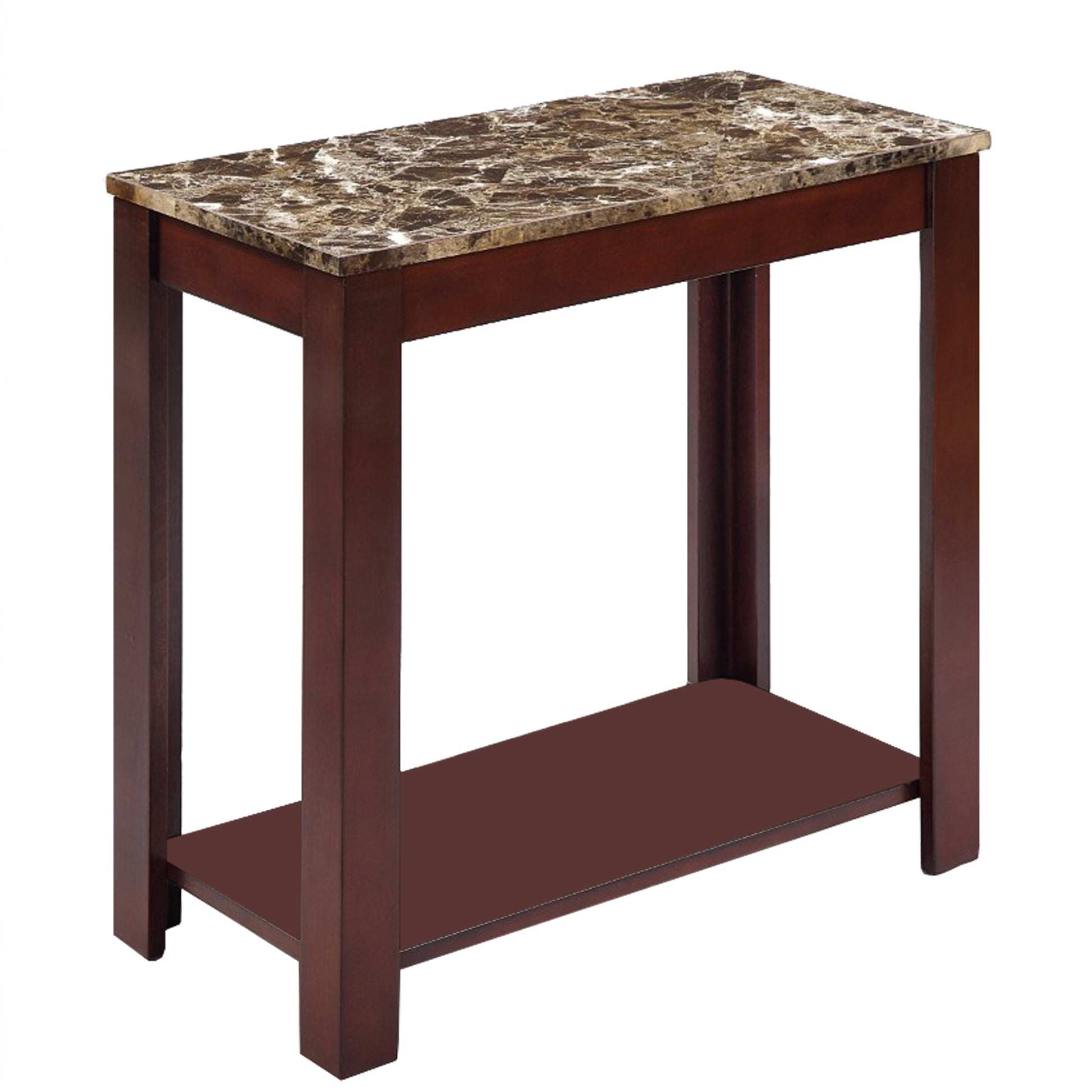 Two-tier chairside table with brown marble top and dark wood frame