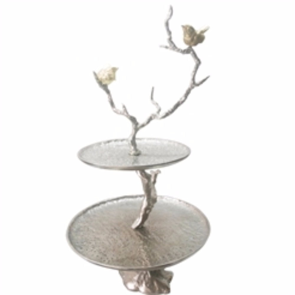 Iron branch two-tier tray in silver finish for tabletop decor.